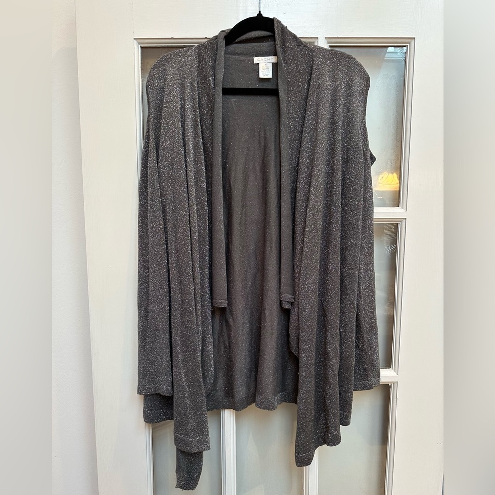 Vintage Cache Y2K Silver Taupe Metallic Open Front Cardigan Sweater Size XL